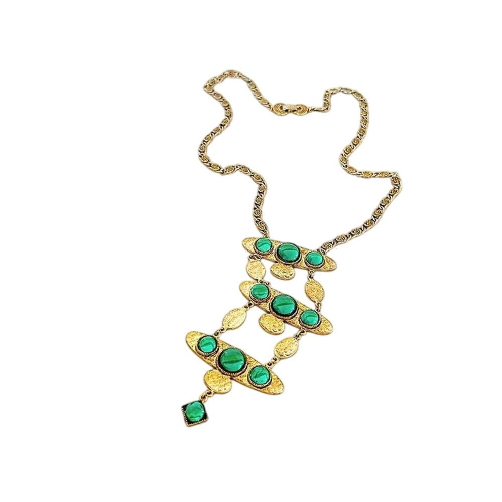 Vintage Hollycraft Egyptian Green and Gold Statement Necklace